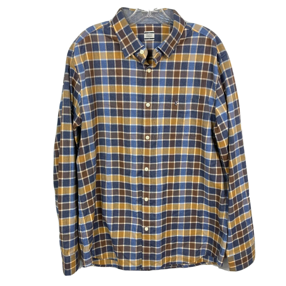 Franco Ferraro Shirt Mens Sz XL 110‎ Navy Blue Brown Plaid Cotton Button Up